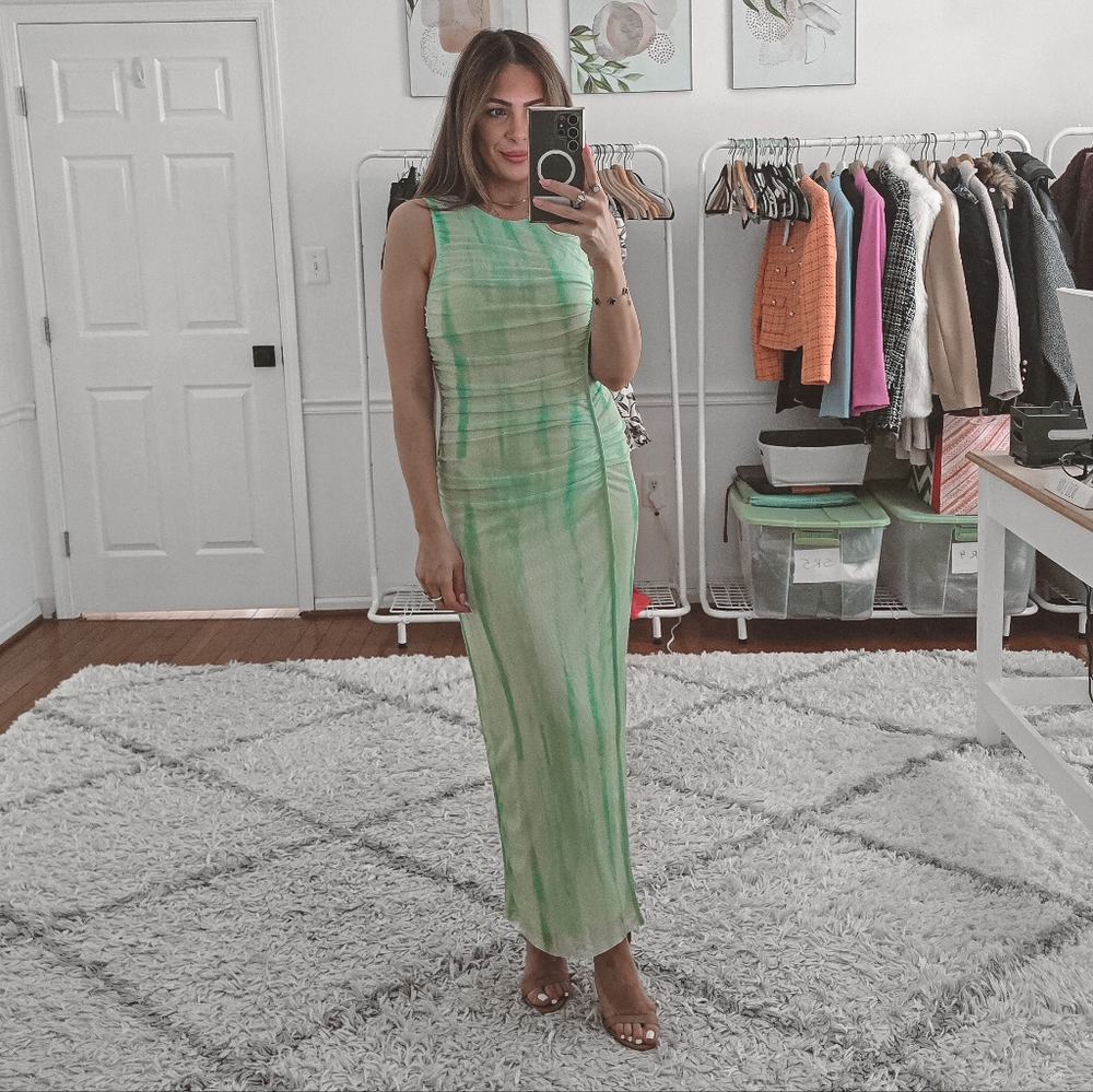 Zara Green Ruched Sleevless Maxi Dress Size M